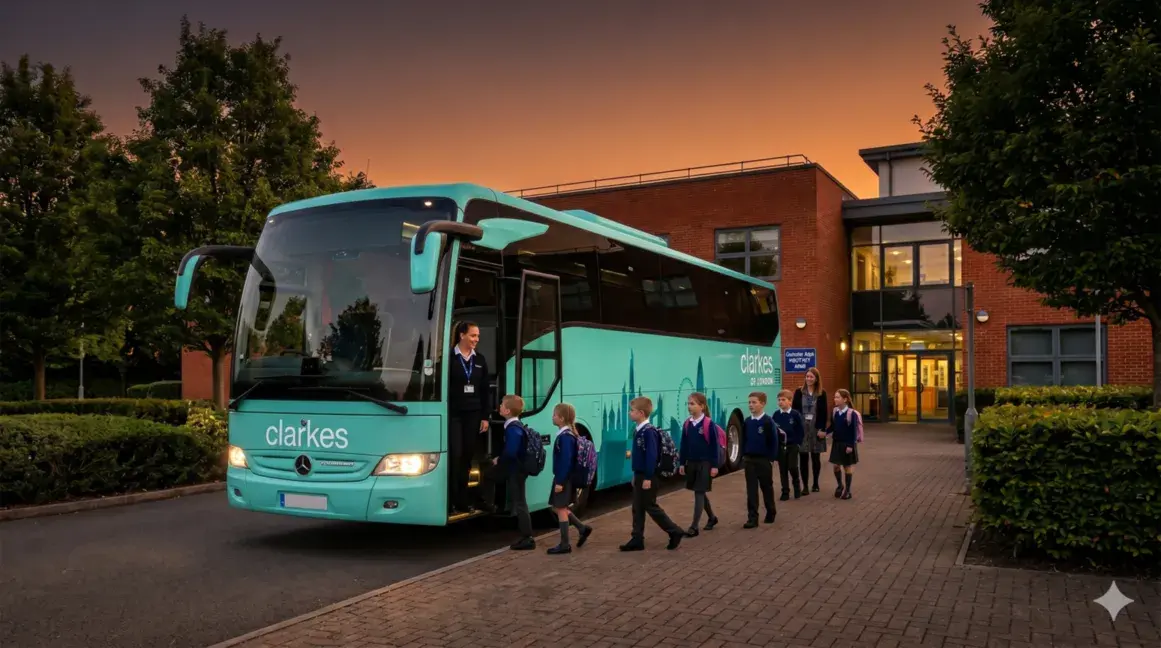 A wide, dramatic landscape photograph taken at dusk outside a modern school building with red brick facades. Long shadows are cast by mature trees, and warm light spills from the windows. An aqua-teal Clarke's of London coach is parked prominently. The atmosphere is warm and safe, with dark areas of the image positioned for white text overlay.