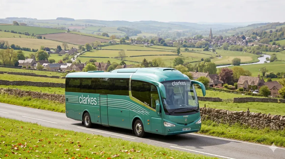 Modern green coach driving through scenic countryside landscape in the UK