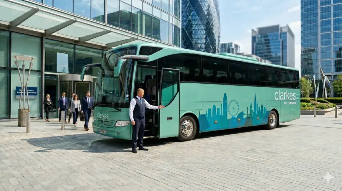 Teal Clarkes of London executive coach with London skyline graphics parked on a residential street.
