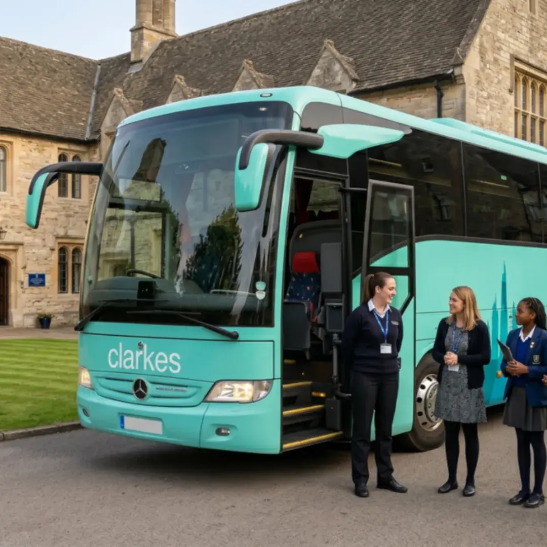 A medium, square photo set outside the traditional stone building of an independent school (Priory Academy), showing several secondary school students in dark blue blazers and uniforms. They are walking toward a waiting aqua-teal Clarke's of London coach, with a driver and an administrator visible near the entrance.