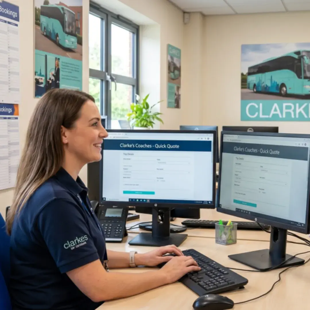 A medium, square photograph inside a professional, well-lit office with Clarke's branding on the wall. A friendly booking agent in a branded polo shirt sits at a dual-monitor desk, smiling as she types on a keyboard. A teacher stands opposite her, looking at a screen displaying a digital quote form, depicting a simple booking process.