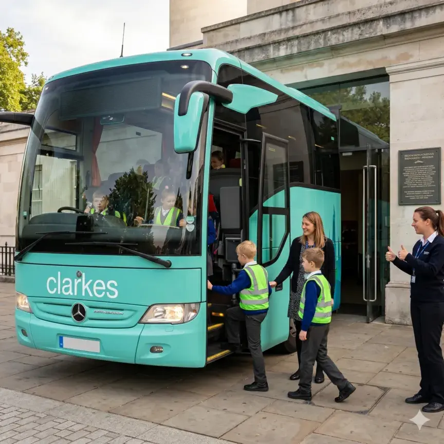 A medium, square-format photograph showing several primary school students in dark uniforms and high-visibility yellow vests boarding the aqua-teal Clarke's of London coach, which is parked at the stone entrance of a museum. A teacher and a museum staff member are present, guiding the children.