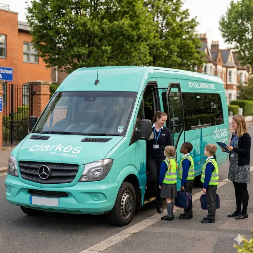A square-format, medium photograph taken on a quiet residential street, featuring a small group of primary school children in dark uniforms and bright yellow high-visibility vests. They are being assisted onto a modern, aqua-teal Clarke's of London minibus by a driver and a teacher, illustrating flexible minibus hire.