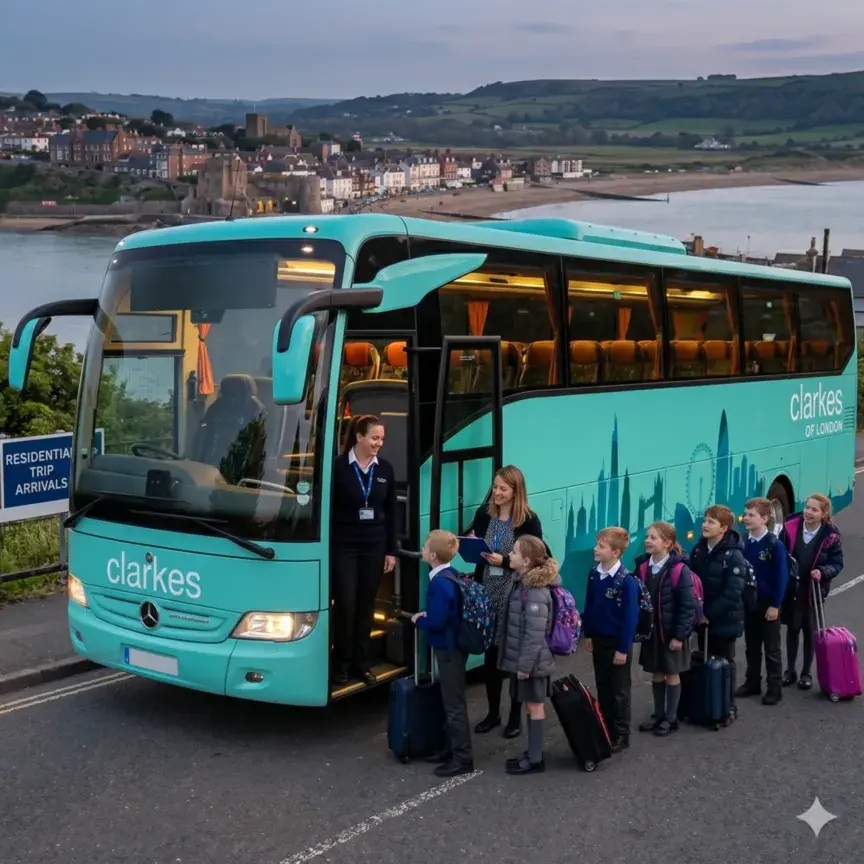A medium, square-format documentary photograph captured on a scenic UK coastal road at dusk. A line of primary school children with luggage stands outside the open door of an aqua-teal Clarke's of London coach, as a driver and a teacher check a clipboard, preparing for an extended residential trip or group tour.