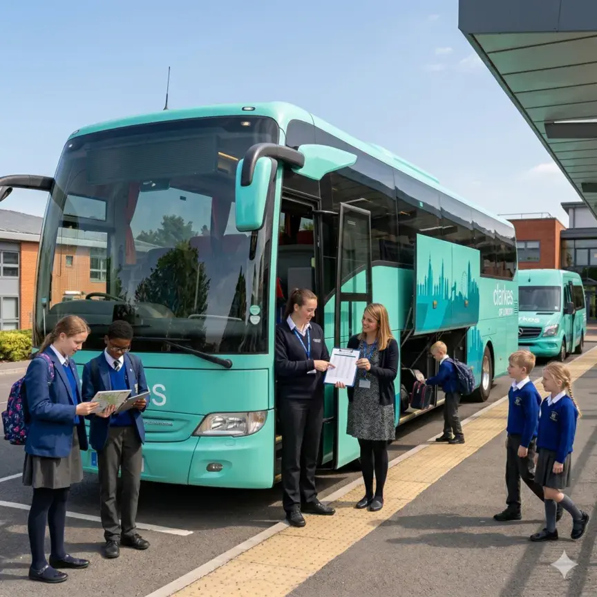A square photo showcasing the flexible fleet. A large aqua-teal Clarke's coach is parked next to a matching aqua-teal minibus in a dedicated bus bay. Various groups of students and teachers are visible in the background, interacting and preparing for departure, emphasizing versatile transport options.