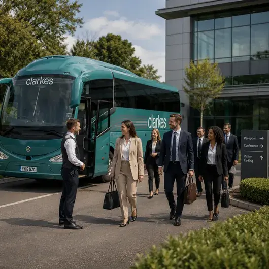A photograph of a teal-green luxury coach with "Clarkes" branding parked in front of a modern glass office building. A diverse group of four business professionals walks away from the coach.