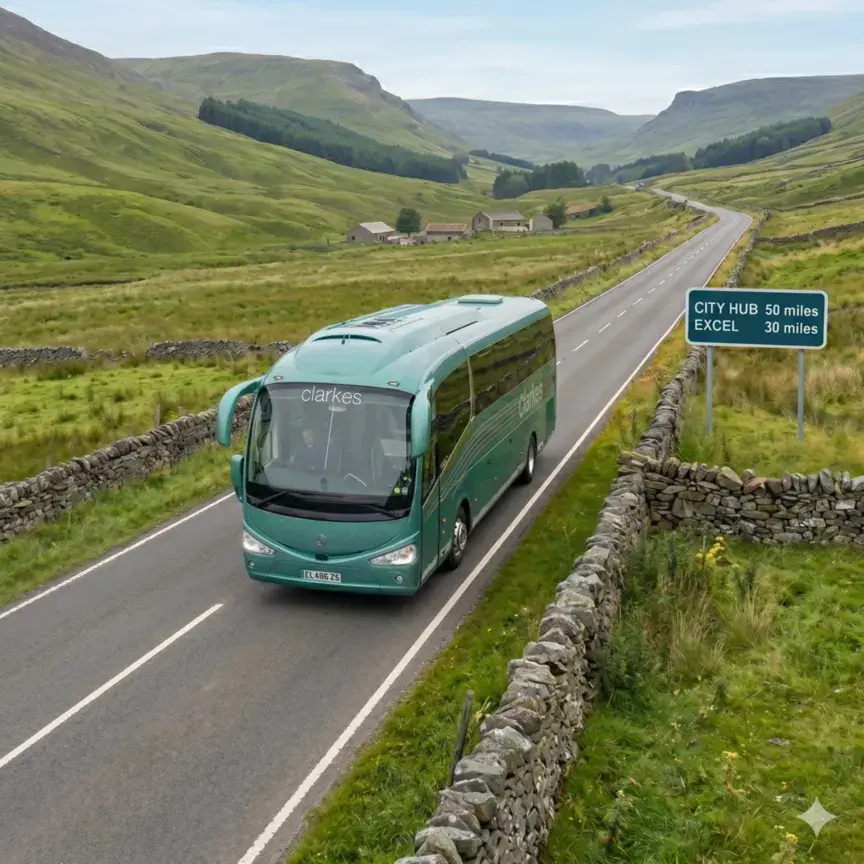A photograph of a teal-green luxury coach with "Clarkes" branding driving on a winding two-lane country road with a stone wall in the Scottish Highlands. Rolling green hills are visible under a cloudy sky.
