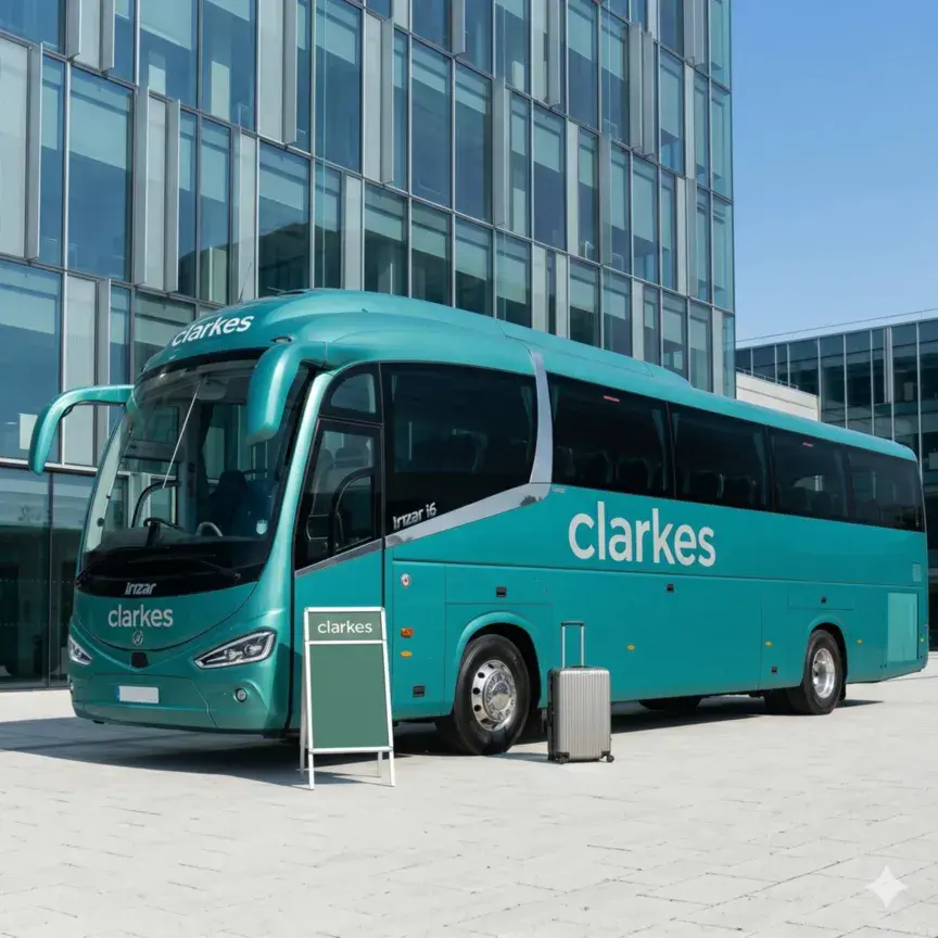 A photograph of a teal-green luxury coach with "Clarkes" branding seen from a front three-quarter view, parked on a paved forecourt in front of a modern glass office building. There is a blank standing sign next to the coach's side.
