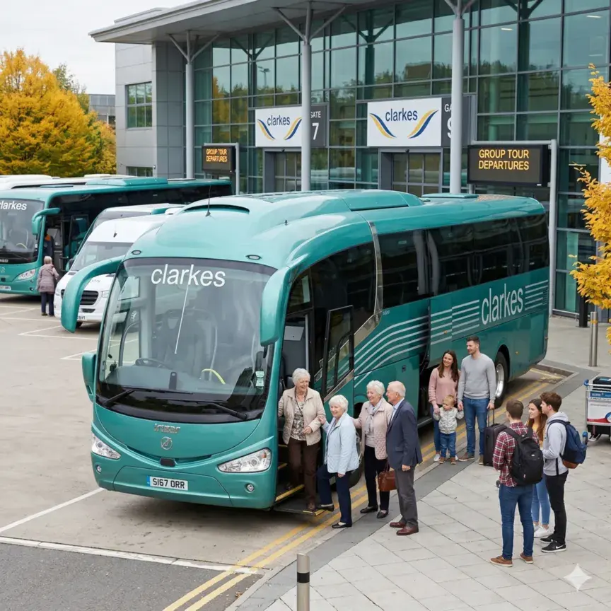 Modern coach hire service with passengers standing beside a luxury green coach at a station