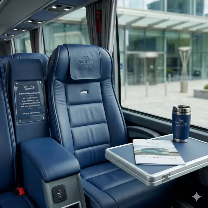 Luxury blue leather coach interior featuring a fold-out tray with a brochure and branded mug.