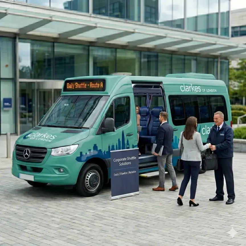 Driver greeting professional passengers beside a teal Clarkes minibus at a modern office building.