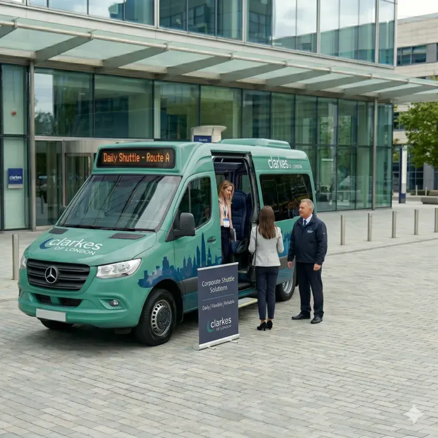 Businesswoman boarding a teal Clarkes minibus in front of a contemporary glass building.