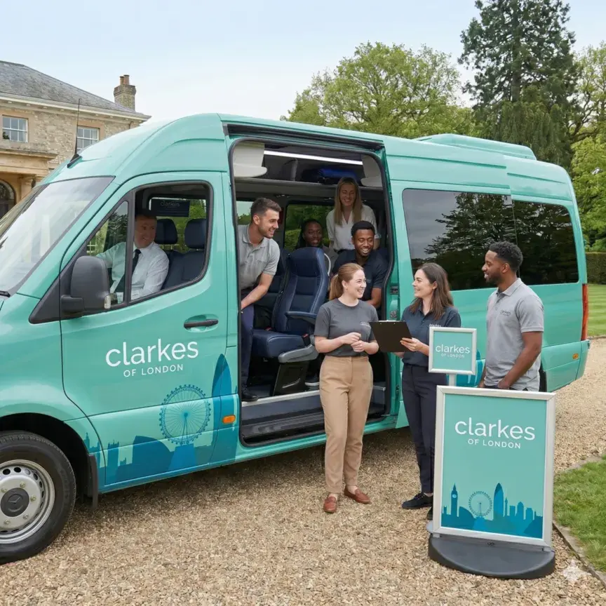 eam members gathered near a teal Clarkes van and a welcome sign on a manor house driveway.