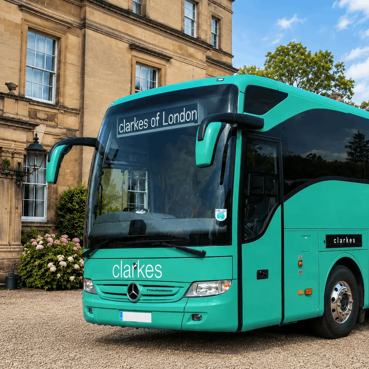 Clarkes of London coach for private hire outside a country home